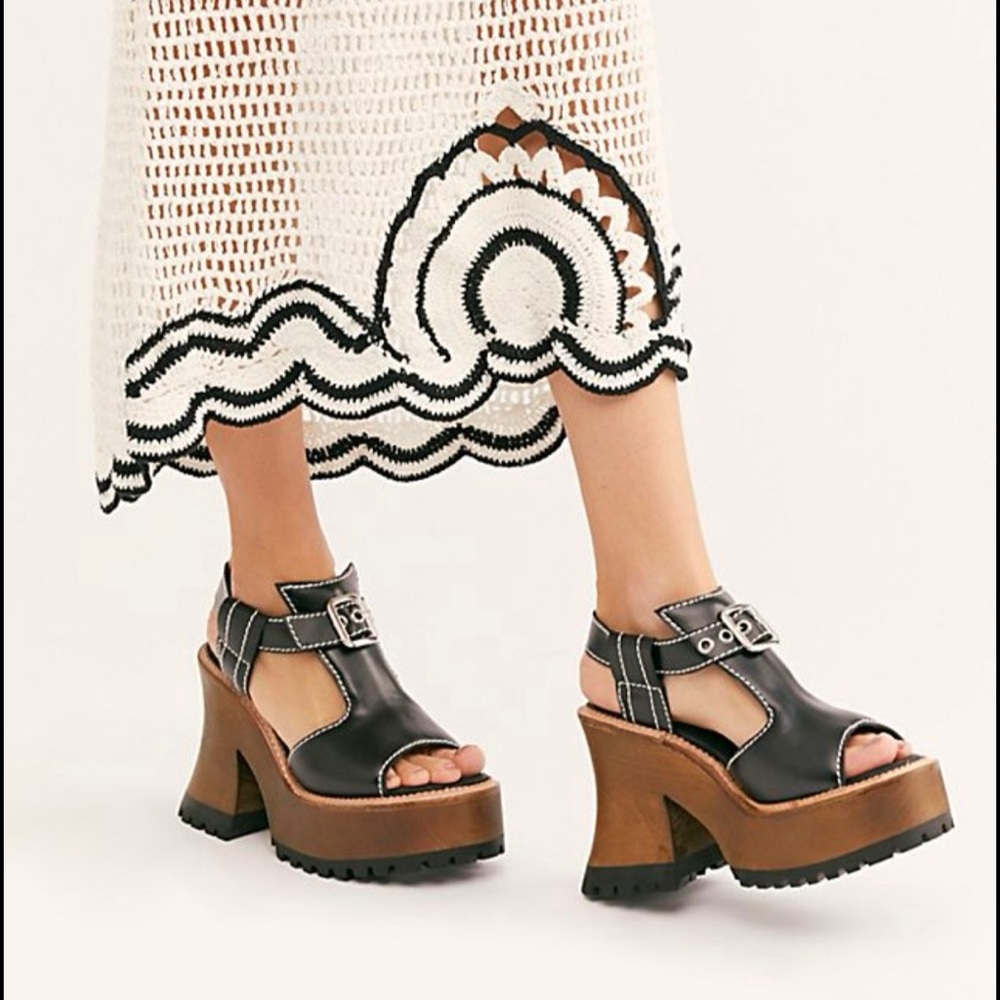 Free People Black Leather Platform Heels with Brown Wood-Effect Sole